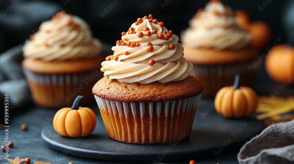 Seasonal Pumpkin Swirled Cupcakes with frosting and decorative pumpkins on top, halloween party theme food ideas for kids or adults Seasonal Pumpkin Swirled Cupcakes with frosting and decorative pumpkins on top, halloween party theme food ideas for kids or adults