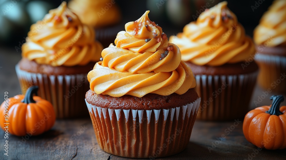 Seasonal Pumpkin Swirled Cupcakes with frosting and decorative pumpkins on top, halloween party theme food ideas for kids or adults Seasonal Pumpkin Swirled Cupcakes with frosting and decorative pumpkins on top, halloween party theme food ideas for kids or adults