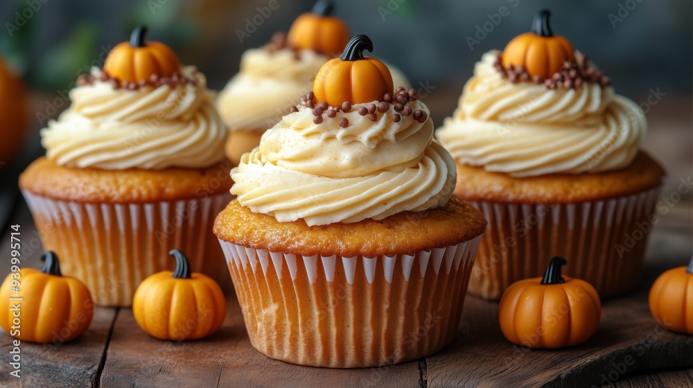 Seasonal Pumpkin Swirled Cupcakes with frosting and decorative pumpkins on top, halloween party theme food ideas for kids or adults Seasonal Pumpkin Swirled Cupcakes with frosting and decorative pumpkins on top, halloween party theme food ideas for kids or adults