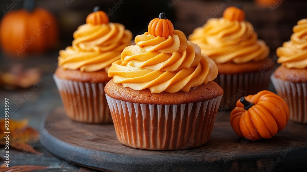 Seasonal Pumpkin Swirled Cupcakes with frosting and decorative pumpkins on top, halloween party theme food ideas for kids or adults