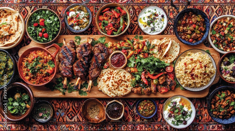 Middle Eastern Feast Lamb Rice Salad Bread and Appetizers on Wooden Board Middle Eastern Feast Lamb Rice Salad Bread and Appetizers on Wooden Board