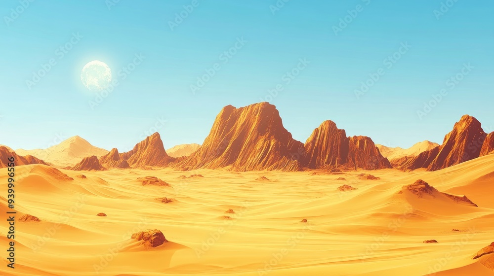 Fototapeta premium Golden desert landscape with tall sand dunes and distant rocky outcrops, vast and endless horizon under a hot summer sun