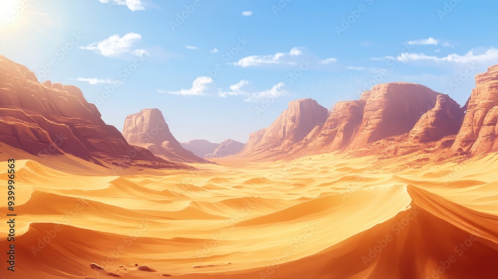 Naklejka premium Golden desert landscape with tall sand dunes and distant rocky outcrops, vast and endless horizon under a hot summer sun