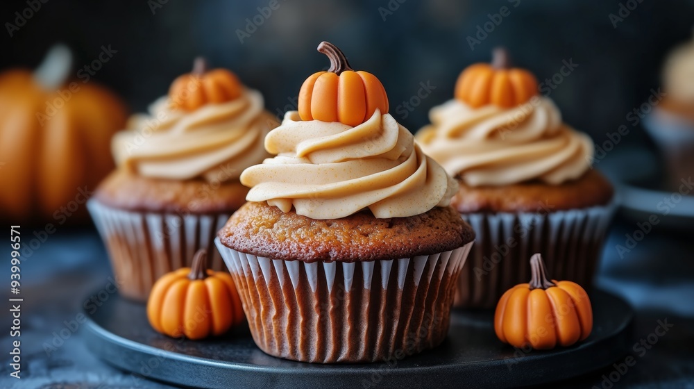 Seasonal Pumpkin Swirled Cupcakes with frosting and decorative pumpkins on top, halloween party theme food ideas for kids or adults Seasonal Pumpkin Swirled Cupcakes with frosting and decorative pumpkins on top, halloween party theme food ideas for kids or adults