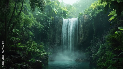 Lush tropical rainforest with dense green foliage and a misty waterfall cascading into a clear pool below