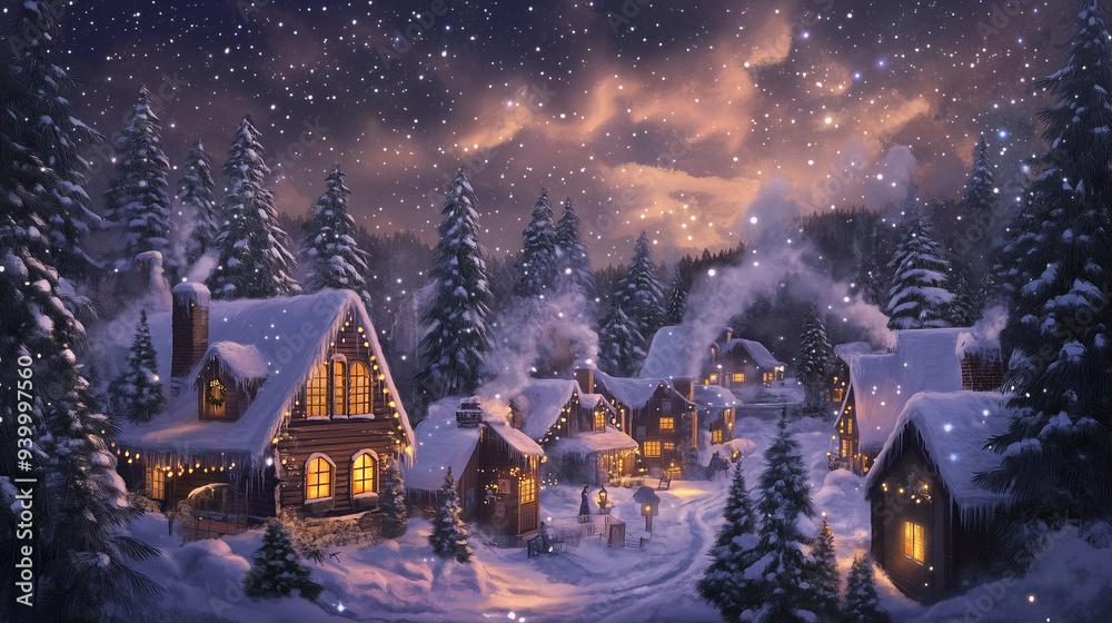 Enchanting Winter Scene: Village Illuminated by Moonlight Enchanting Winter Scene: Village Illuminated by Moonlight