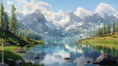 Mountain lake with crystal-clear water reflecting the surrounding peaks, tranquil and serene alpine landscape