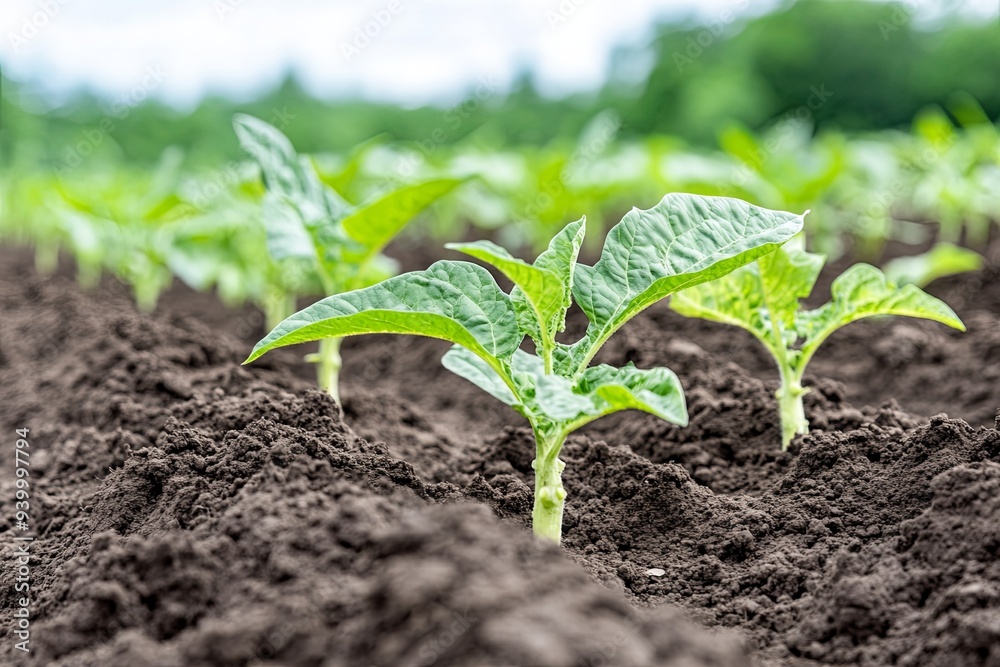 Young tobacco plants thrive in moist, dark soil surrounded by lush greenery in the countryside. Generative AI Young tobacco plants thrive in moist, dark soil surrounded by lush greenery in the countryside. Generative AI