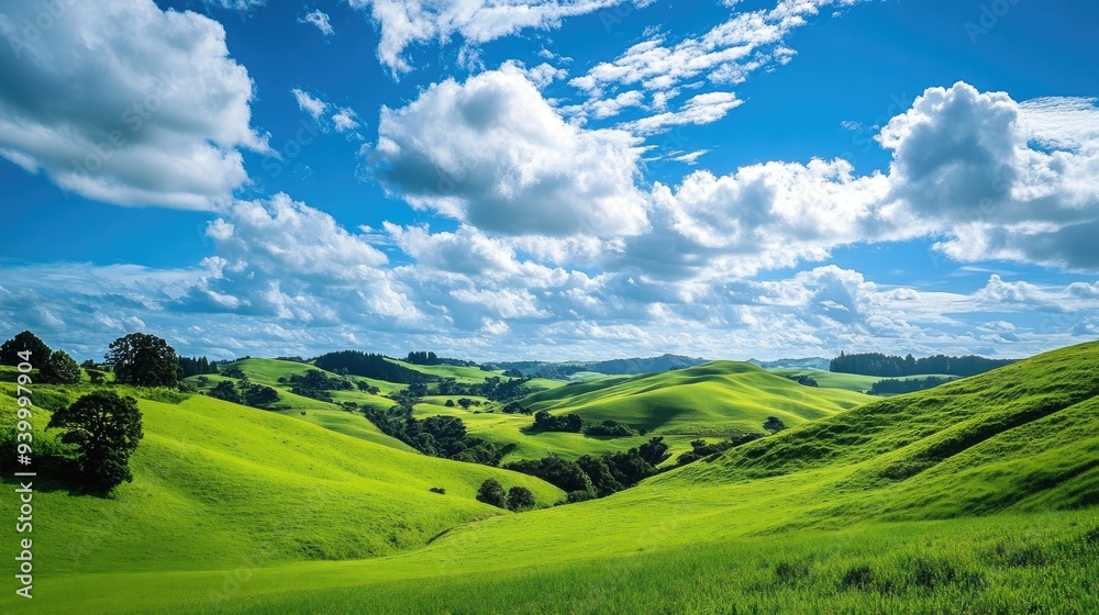Rolling green hills under a bright blue sky with fluffy white clouds, lush and vibrant countryside landscape Rolling green hills under a bright blue sky with fluffy white clouds, lush and vibrant countryside landscape