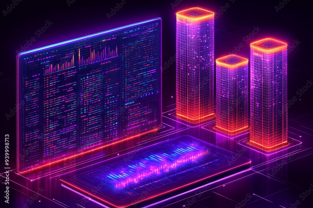 Obraz premium Neon towers and a laptop showcase vibrant digital analytics with intricate graphs in a dark setting. Generative AI