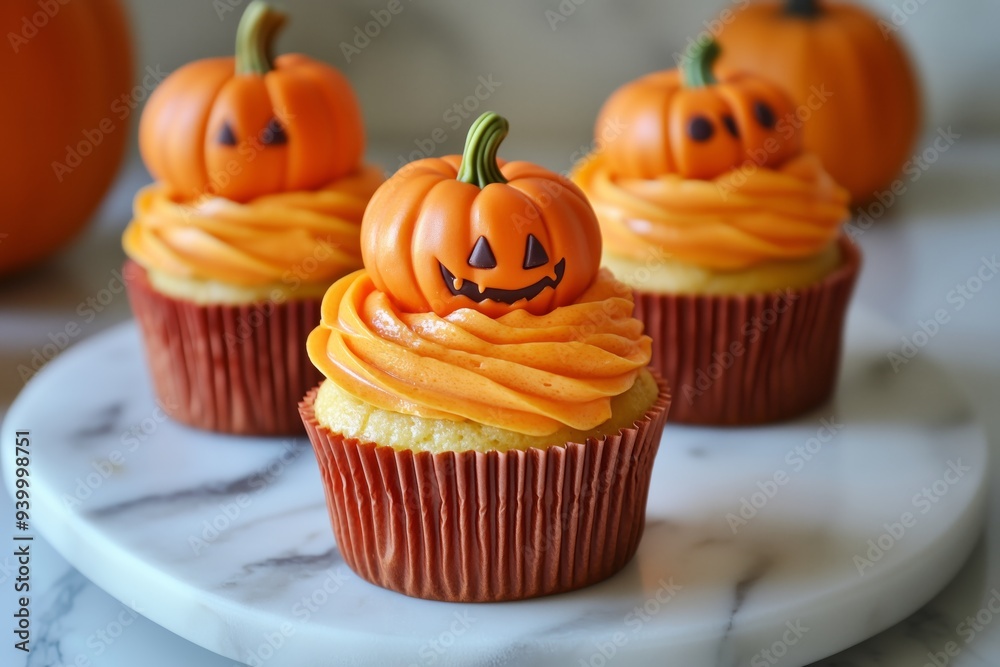 Seasonal Pumpkin Swirled Cupcakes with frosting and decorative pumpkins on top, halloween party theme food ideas for kids or adults Seasonal Pumpkin Swirled Cupcakes with frosting and decorative pumpkins on top, halloween party theme food ideas for kids or adults