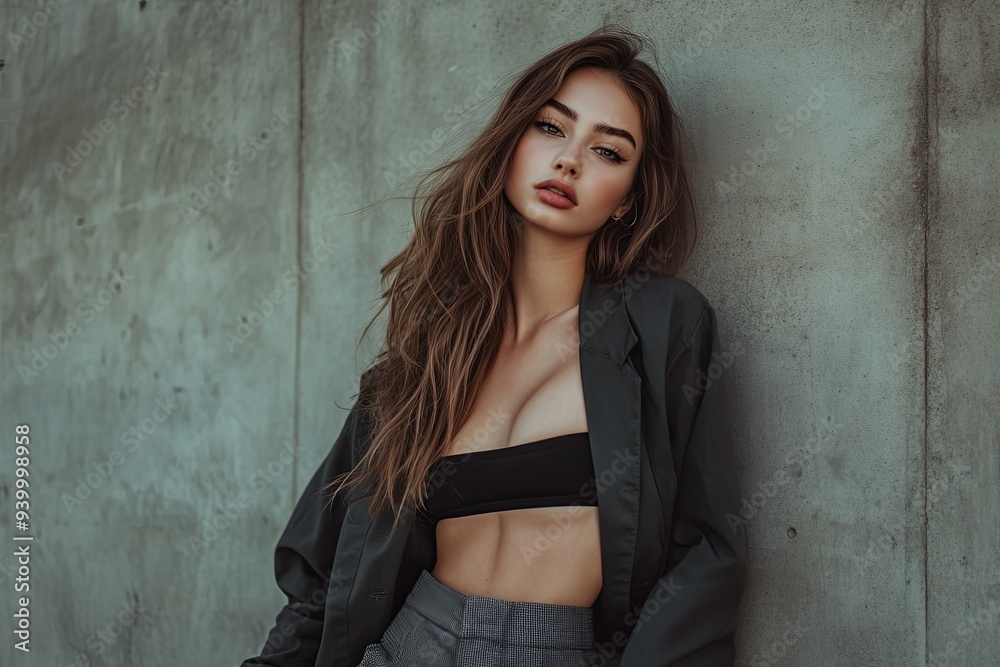 Fototapeta premium A stylish woman showcases her outfit while leaning casually against a textured wall outdoors. Generative AI