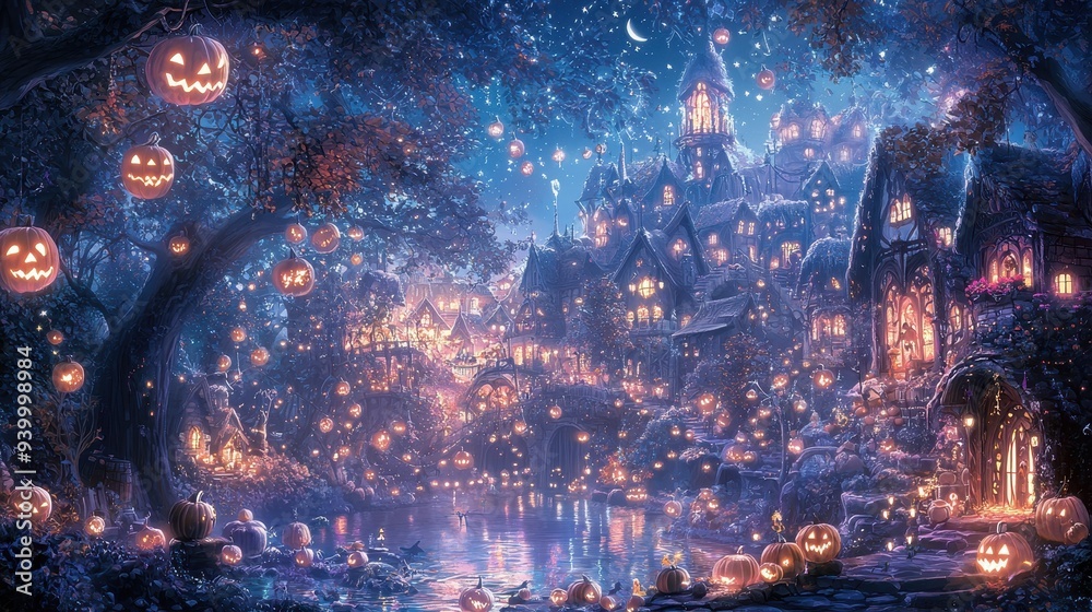 Enchanted Halloween Village with Jack o Lanterns and Moonlit River Enchanted Halloween Village with Jack o Lanterns and Moonlit River