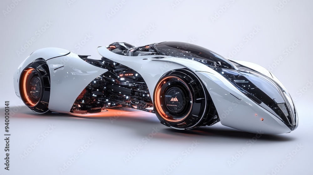 Futuristic Sports Car Concept Design White and Black Glowing Wheels Futuristic Sports Car Concept Design White and Black Glowing Wheels