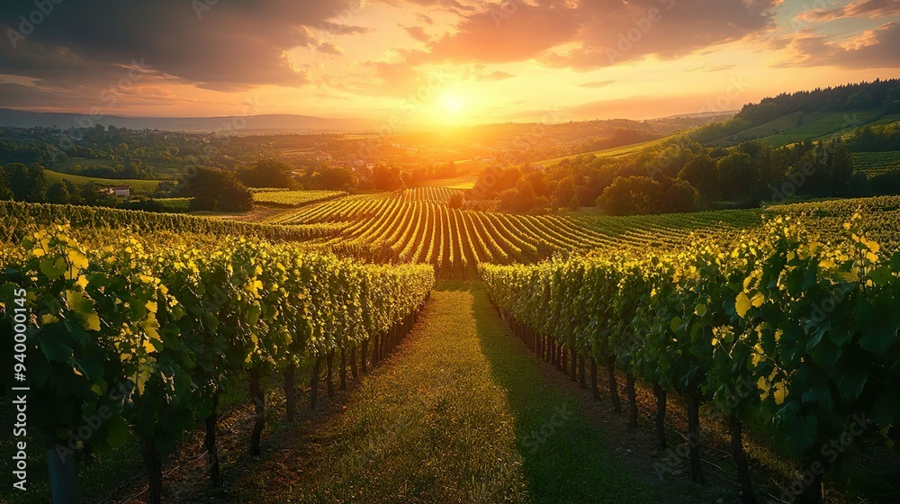 Fototapeta premium High-definition view of a lush vineyard at sunset perfect for serene and nature-themed wallpapers