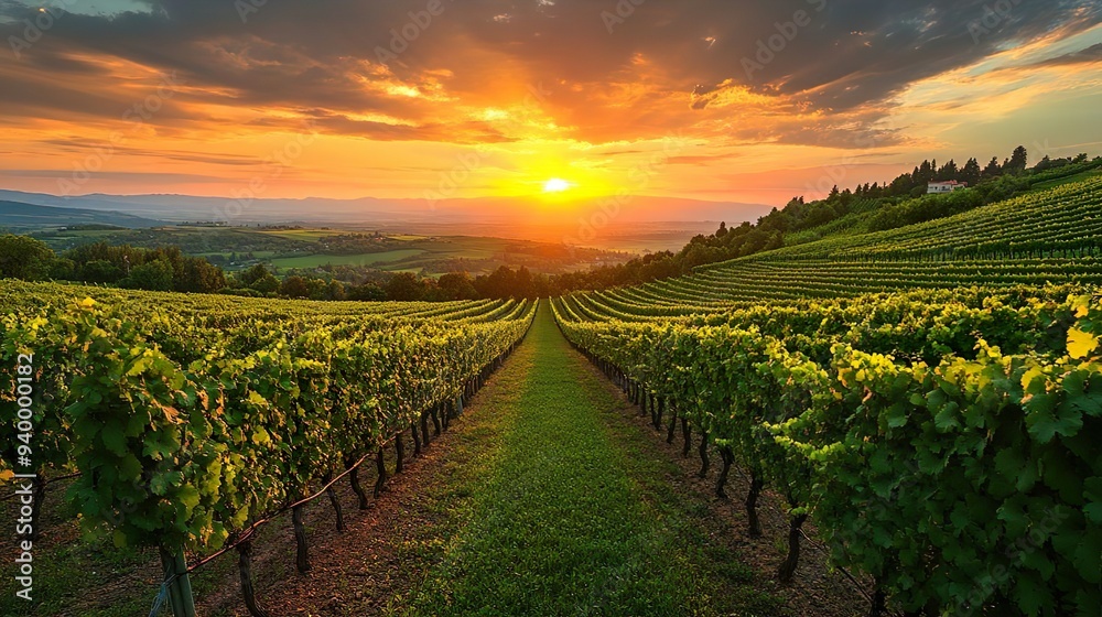 Vibrant vineyard with rolling green hills and a sunset sky captured in high-definition for nature backgrounds Vibrant vineyard with rolling green hills and a sunset sky captured in high-definition for nature backgrounds