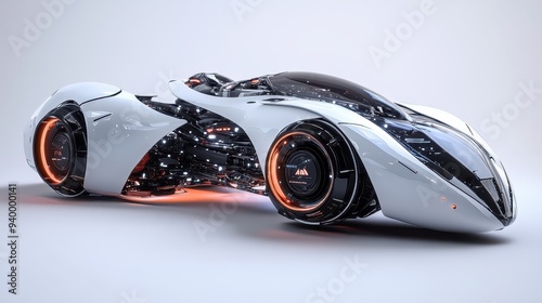 Futuristic Sports Car Concept Design  White and Black  Glowing Wheels
