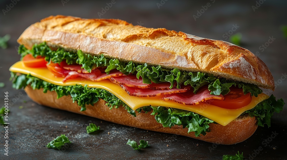 This baguette sandwich features layers of ham, melted cheese, fresh lettuce, and juicy tomatoes, creating a colorful and appetizing lunch option perfect for any meal or snack. This baguette sandwich features layers of ham, melted cheese, fresh lettuce, and juicy tomatoes, creating a colorful and appetizing lunch option perfect for any meal or snack.