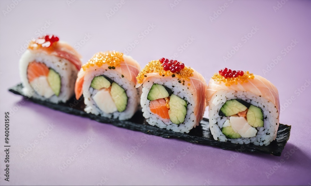 Salmon sushi rolls with avocado, cucumber, and red fish roe Salmon sushi rolls with avocado, cucumber, and red fish roe