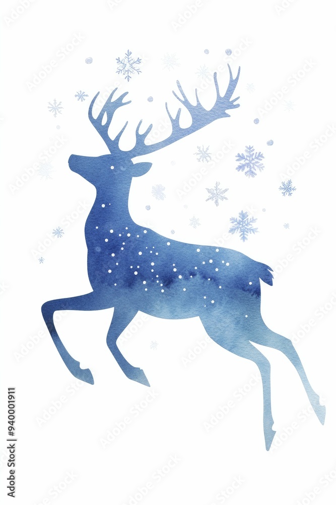 Elegant reindeer bounding amidst soft watercolor snowflakes, embodying the enchantment of the winter season. Elegant reindeer bounding amidst soft watercolor snowflakes, embodying the enchantment of the winter season.