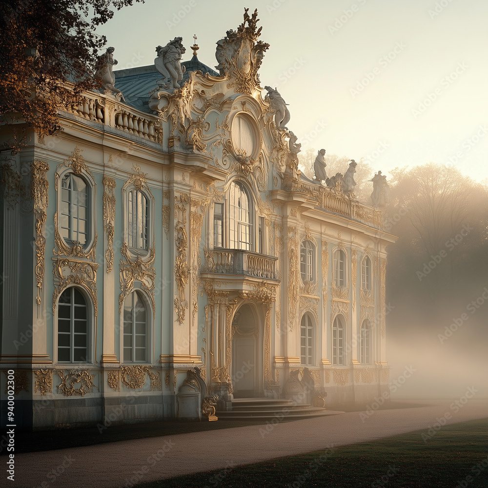 Obraz premium Ornate Baroque Palace Enshrouded in Morning Mist