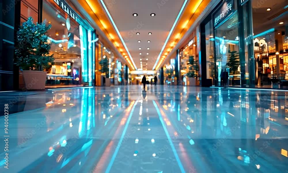 Blurred view of a mall corridor with bright lights and reflective floor.