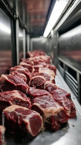Fresh cuts of beef are carefully organized inside a refrigerated delivery truck, ready for distribution. Proper transportation ensures quality and safety during delivery.