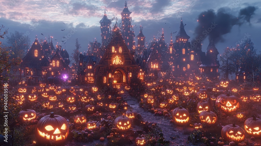 Fototapeta premium Spooky Halloween Night with Jack o Lanterns and Haunted Castle