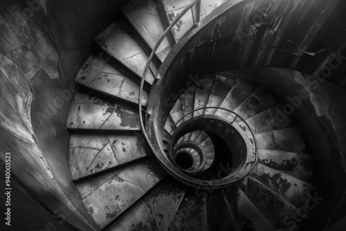 A classic black and white photograph of a spiral staircase