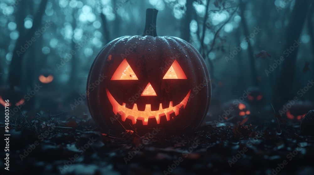 Fototapeta premium Glowing Jack o lantern in a Spooky Forest