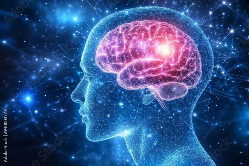Digital illustration of a human brain glowing with energy and surrounded by neural connections symbolizing the expansive potential of thought and the brilliance of intelligence