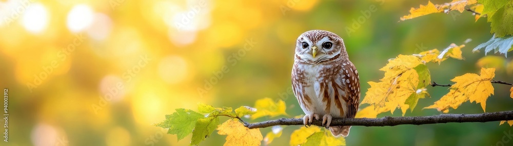 A charming owl perched on a vibrant autumn branch, surrounded by colorful leaves and warm sunlight, ideal for nature photography. A charming owl perched on a vibrant autumn branch, surrounded by colorful leaves and warm sunlight, ideal for nature photography.
