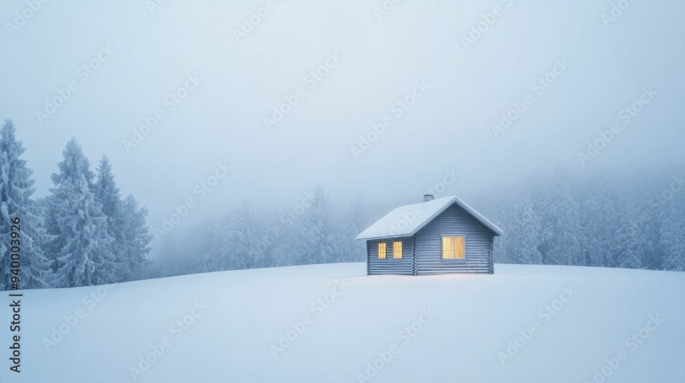 Snow-covered cabin glowing softly against the winter night, inviting warmth and coziness Snow-covered cabin glowing softly against the winter night, inviting warmth and coziness
