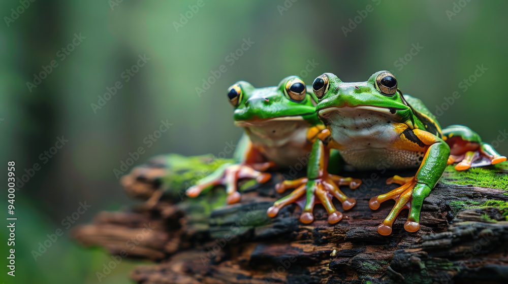 Two vibrant green frogs sitting on a mossy log in a lush, blurred forest background. Two vibrant green frogs sitting on a mossy log in a lush, blurred forest background.