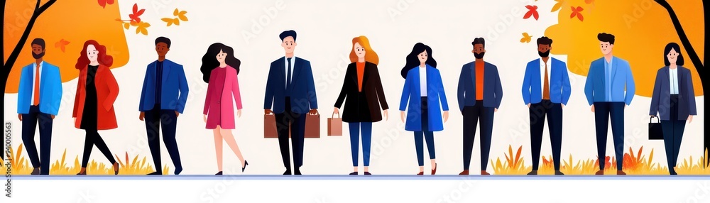 A diverse group of professionals dressed in autumn attire, standing together in a vibrant, colorful environment. A diverse group of professionals dressed in autumn attire, standing together in a vibrant, colorful environment.