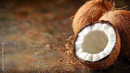 Fresh Whole and Halved Coconut on Rustic Background for Healthy Eating Concept