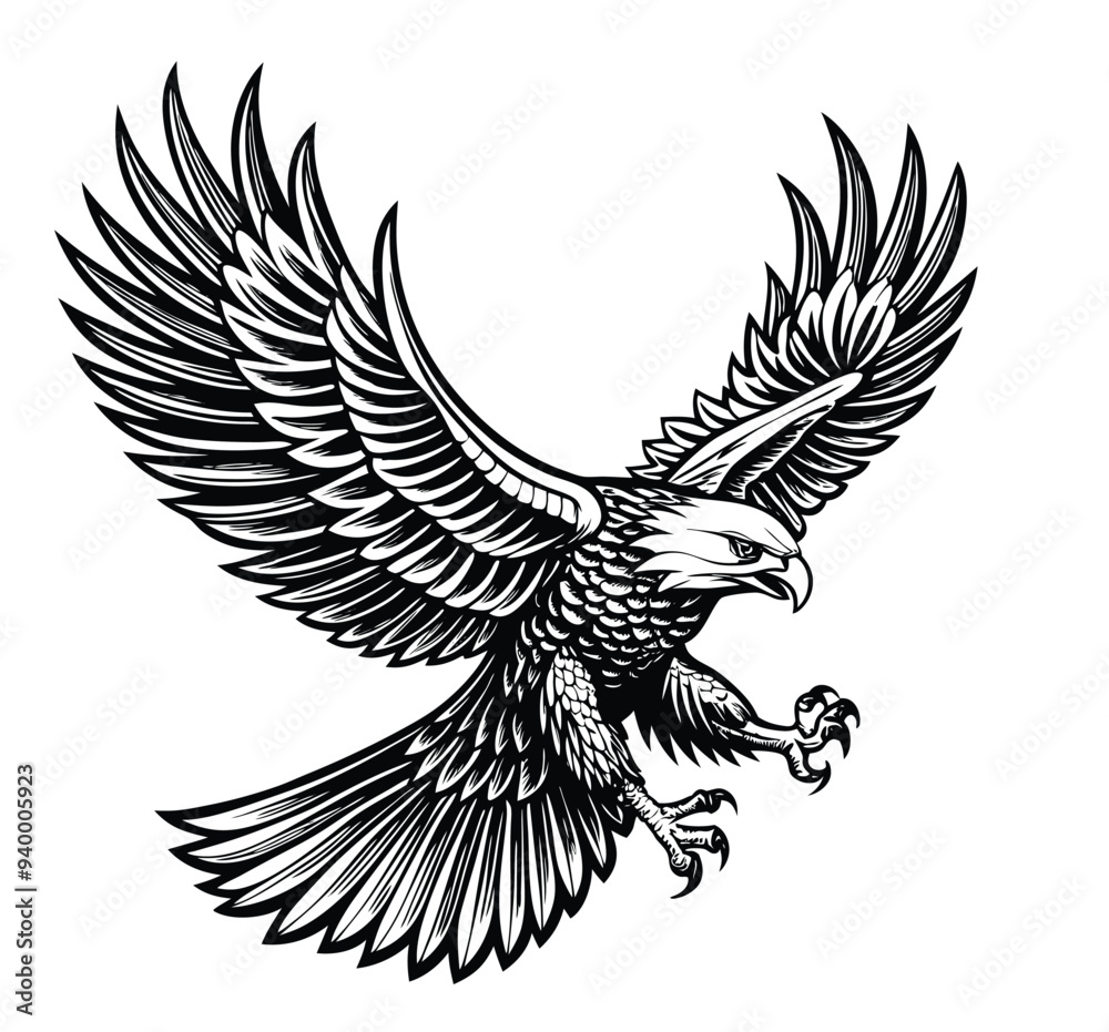 Obraz premium This Majestic Eagle Silhouette Vector Clipart Showcases a Detailed Bird of Prey with Sharp Features, Ideal for Wildlife Illustrations, Patriotic Designs, Nature-Themed Art