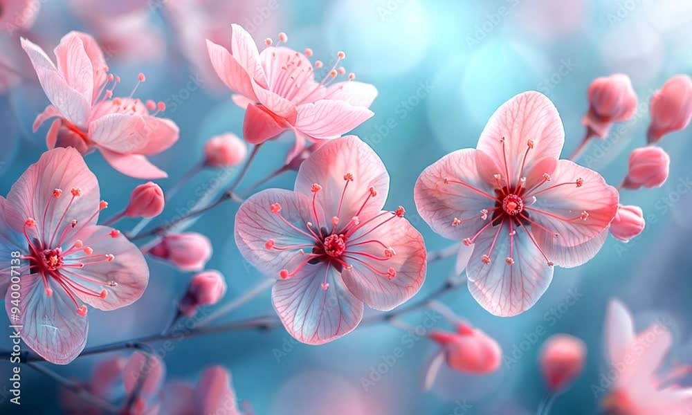Close-up of delicate pink cherry blossoms with soft blue background. Close-up of delicate pink cherry blossoms with soft blue background.