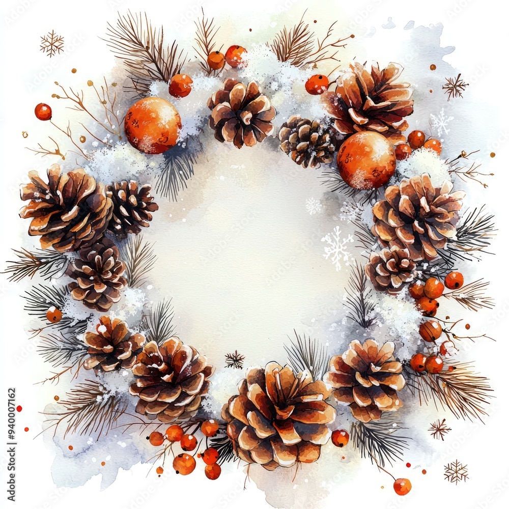 Watercolor Winter Wreath with Pine Cones and Berries Watercolor Winter Wreath with Pine Cones and Berries