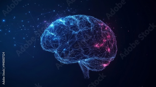 Human Brain. Best idea concept. With dark blue background. Low poly wireframe with lines, dots and glowing particles 