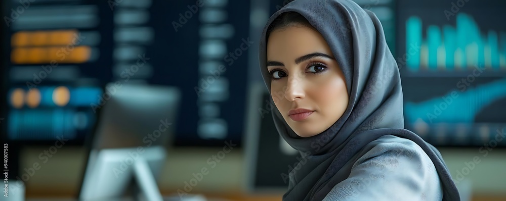Portrait of a Young Woman Wearing a Hijab in a Modern Office Setting - Realistic Image Portrait of a Young Woman Wearing a Hijab in a Modern Office Setting - Realistic Image
