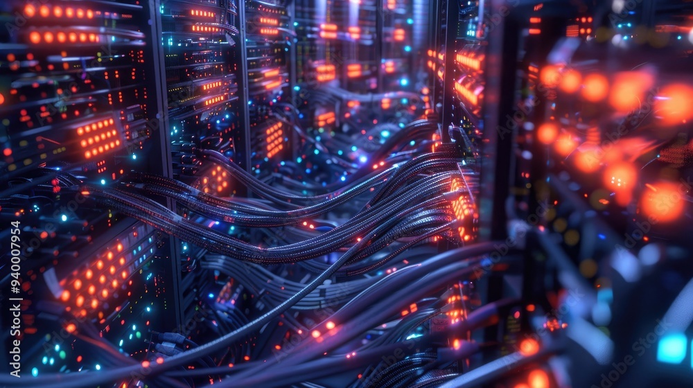 Rows of server wires, flashing lamps and connectors. CGI. Rows of server wires, flashing lamps and connectors. CGI.