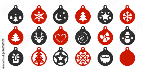 Set of vector Christmas ball, pendant or keychain designs. New Year silhouette laser cut templates. Cnc cutting with metal, wood or leather