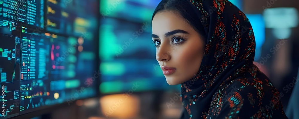 Focused Woman in Hijab Looking at Computer Screens - Photo Focused Woman in Hijab Looking at Computer Screens - Photo