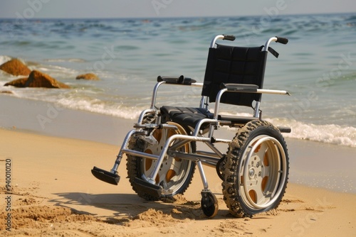 A wheelchair sits alone on a sandy beach near the ocean, with calm waters and clear sky