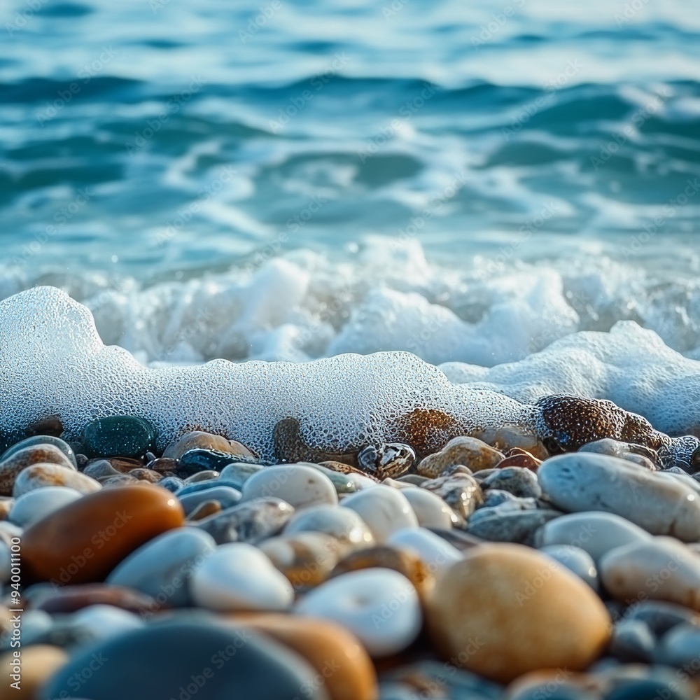 Sea foam washes over a bed of pebbles.
Sea foam washes over a bed of pebbles.
