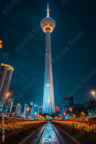 Illuminated Kuala Lumpur Tower at Night with City Skyline and Colorful Lights