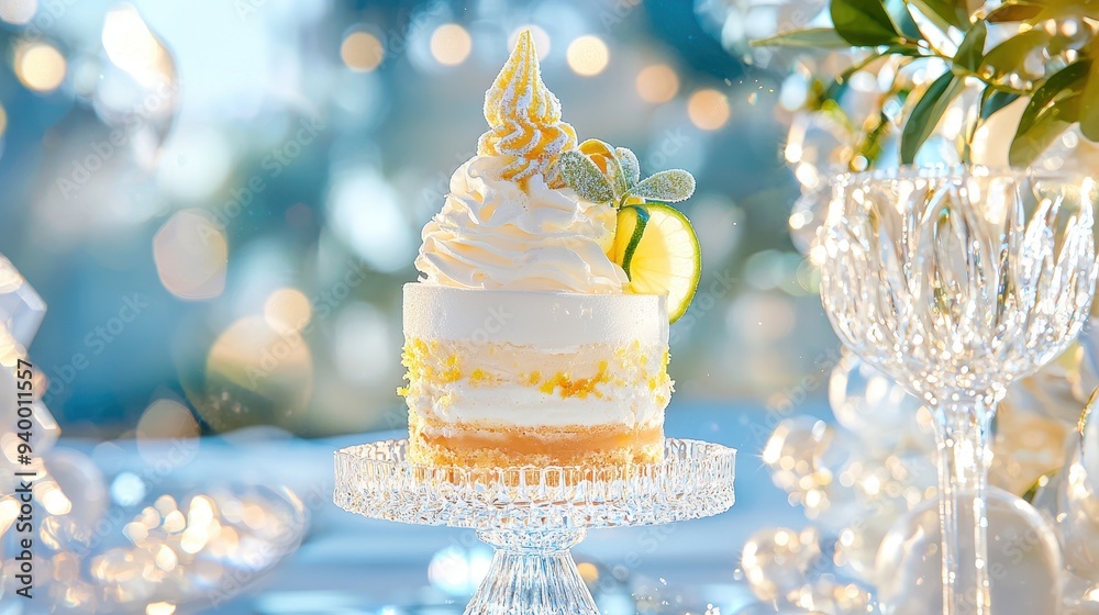 Fototapeta premium Delicious Lemon Cake with Whipped Cream and Lime Garnish on a Crystal Cake Stand