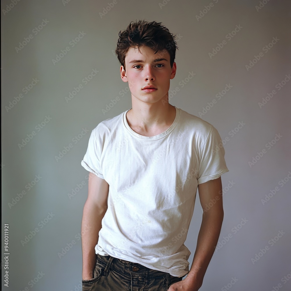 Studio portrait of a man wearing a white T-shirt. Studio portrait of a man wearing a white T-shirt.