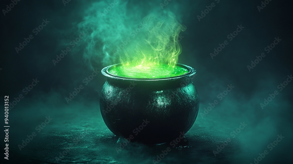 Cauldron with green potion. Foggy background Cauldron with green potion. Foggy background